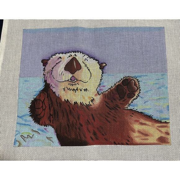 Adorable Sea Otter Needlepoint Canvas Hand Painted Signed 8” X 10” 18 Pt - Picture 1 of 5